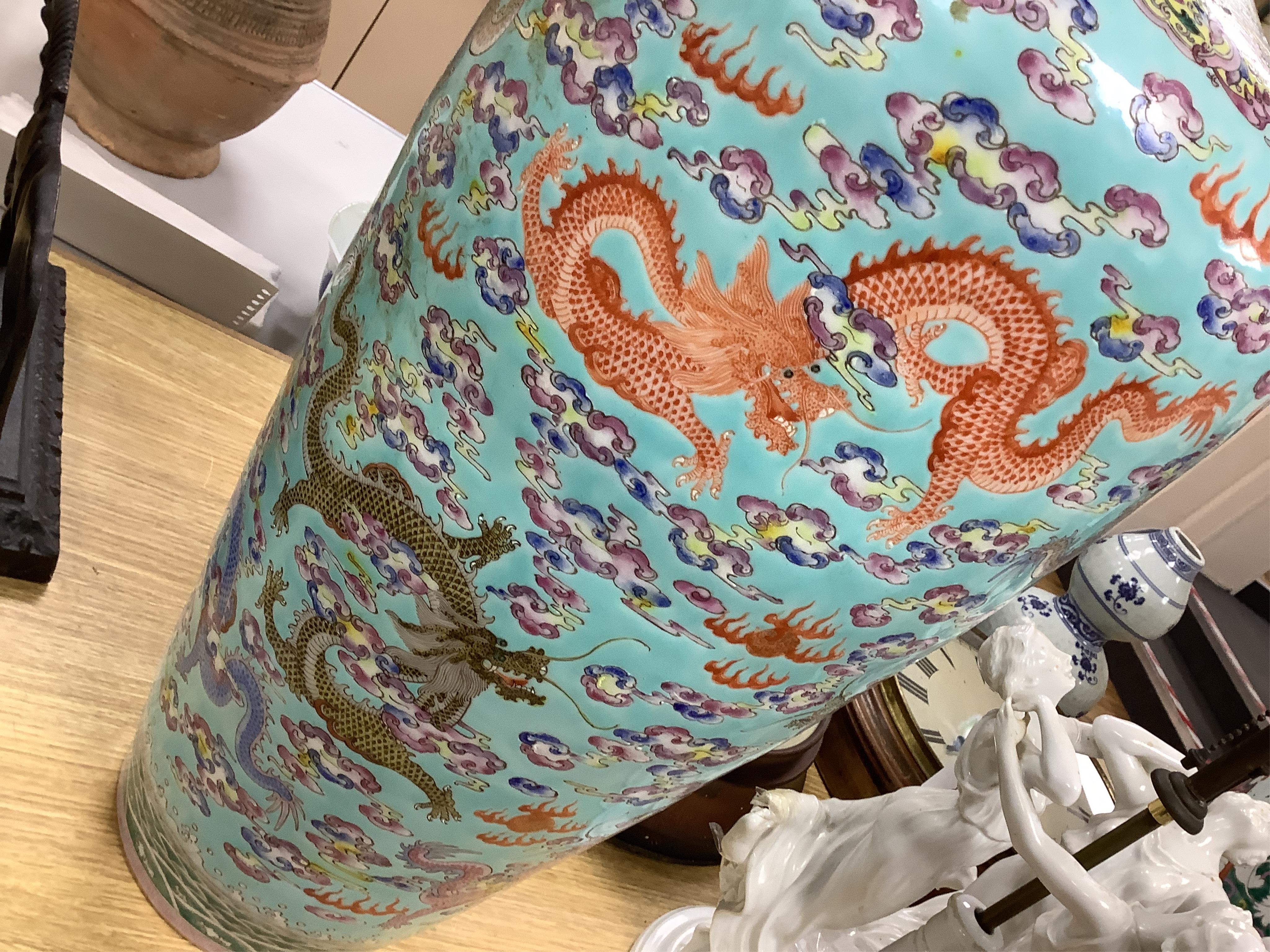 A large Chinese turquoise ground 'dragon' vase, 60cm high